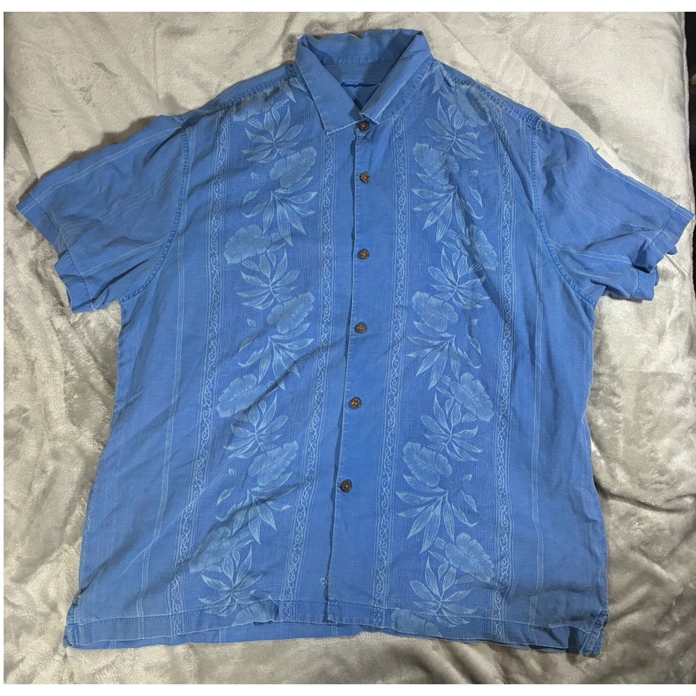 Tommy Bahama Mens Blue 100% Silk Embroidered Floral Short Sleeve Hawaiian Shirt